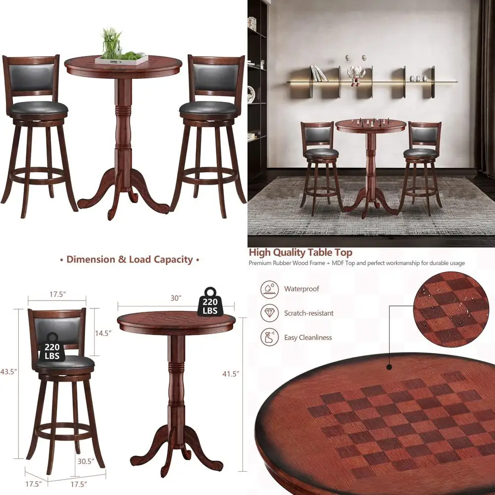 Conjunto de mesa de bar giratória de madeira de 3 peças com base de pedestal e tampo redondo, ideal para área de pub em casa