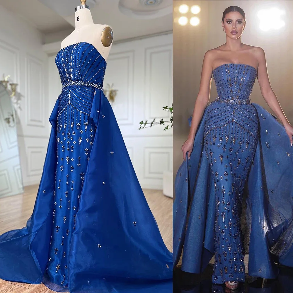 

Detachable Train Evening Dress Strapless Mermaid Overskirt Formal Occasion Dresses For Woman Luxury Crystal Beaded Gown