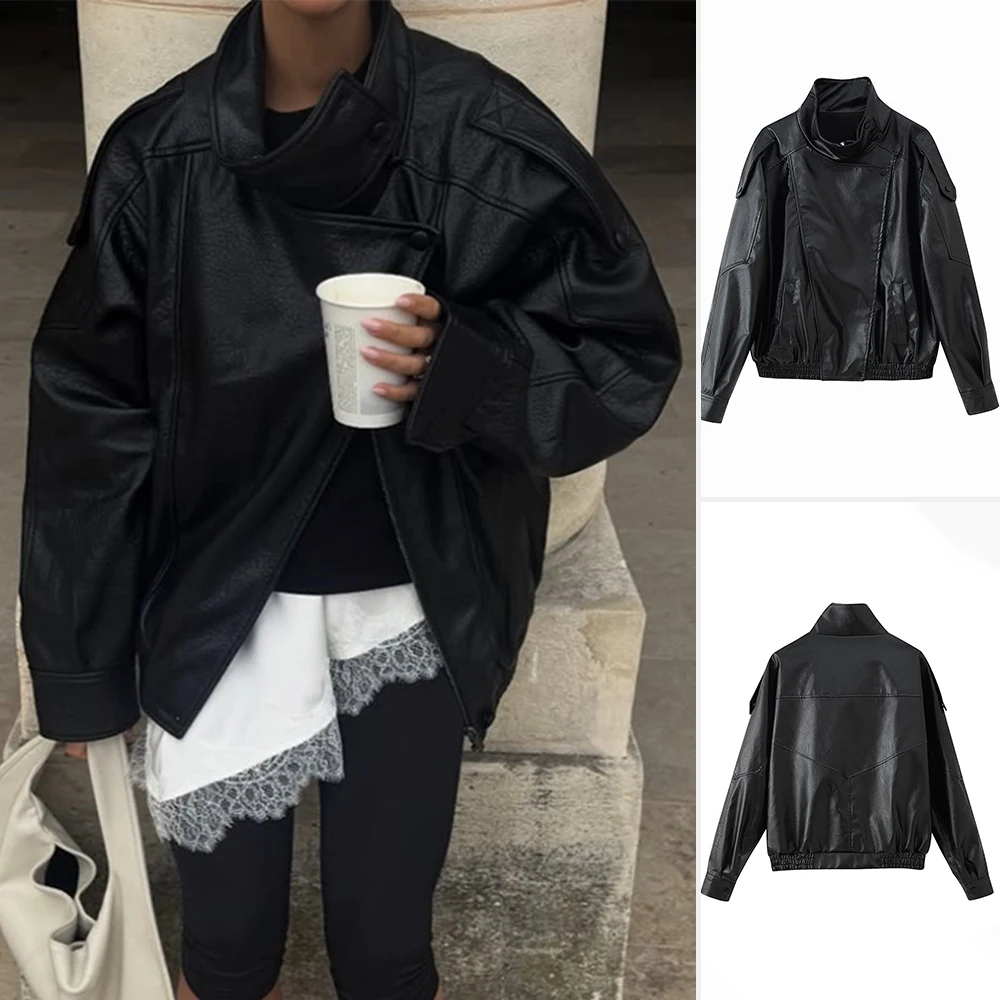 Leren damesjas met lange mouwen en opstaande kraag Modieuze herfstbovenkleding Europese Amerikaanse stijl damesjas