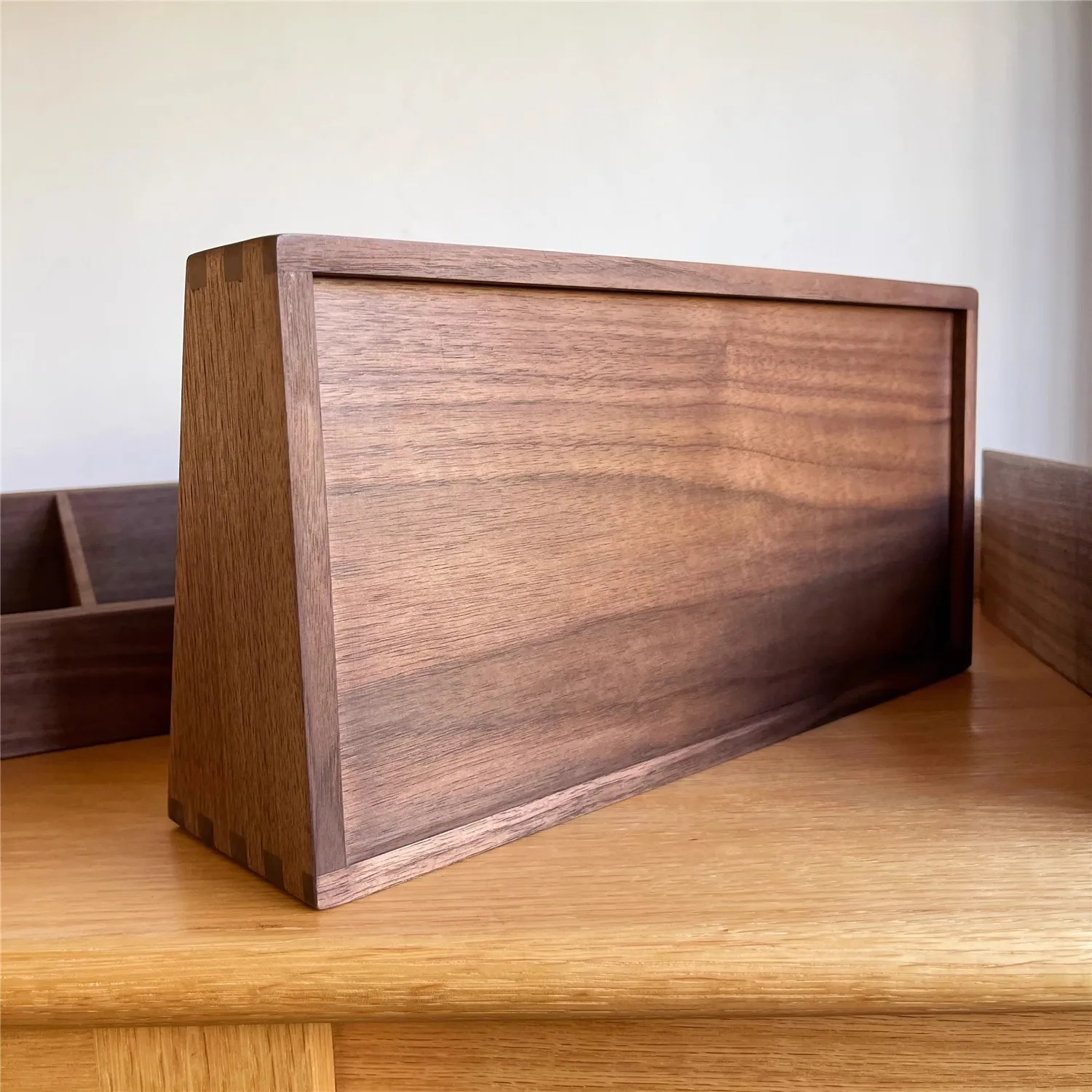 Creative Black Walnut Inclined Partition Storage Box, Dovetail Craftsmanship Solid Wood Table Organizer for Small Items