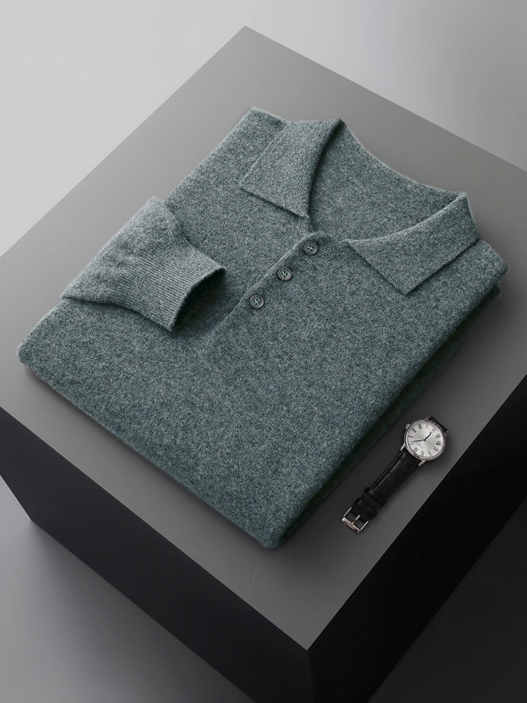 

TLOML Autumn Winter Men 100% Merino Wool Sweater Polo Collar Pullover Cashmere Basic Smart Casual Knitwear Soft Warm Comfy Tops