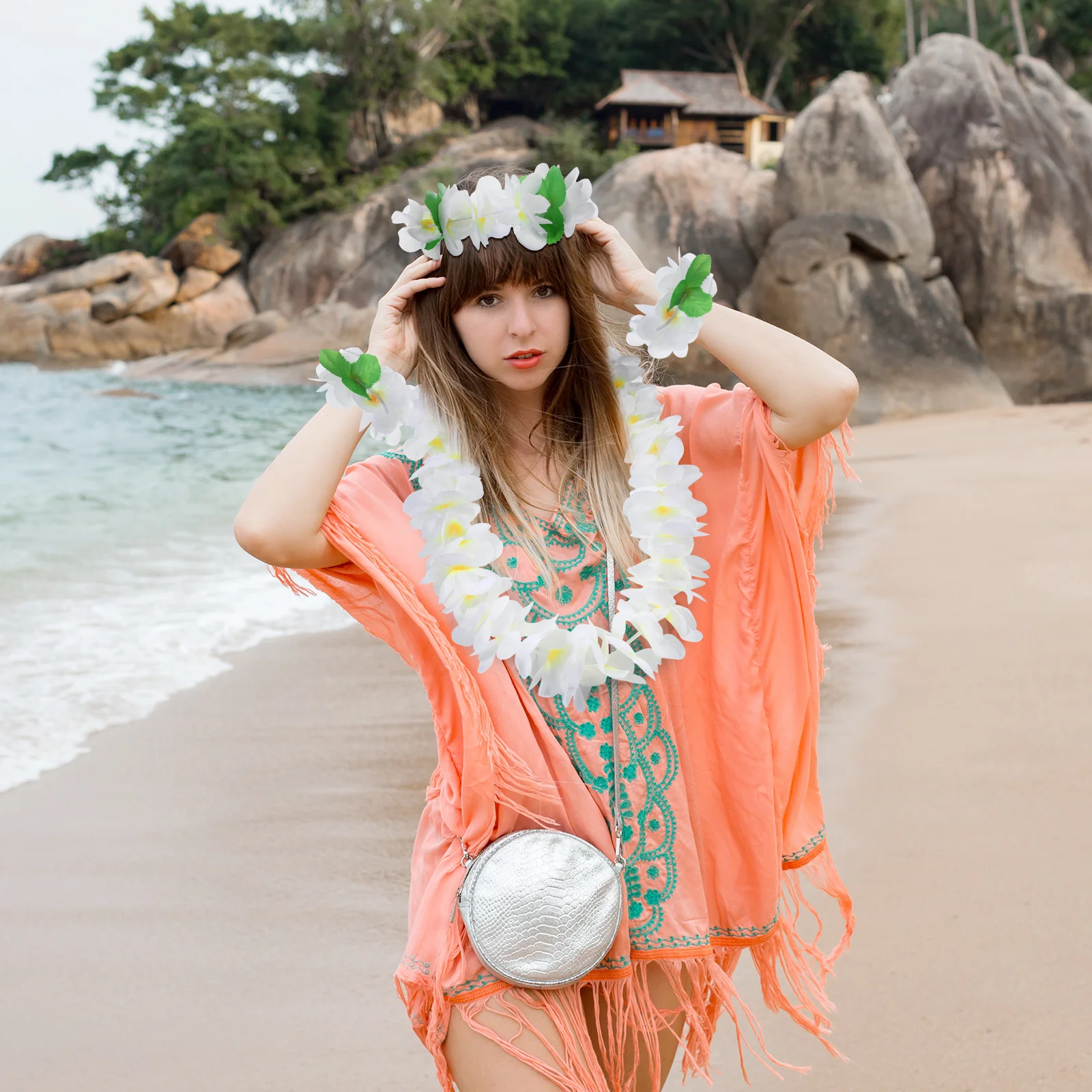 

4 pcs Hawaiian Flower Lei Set White Artificial Floral Wreath For Adults Kids Party Decor Summer Luau Tropical Garland