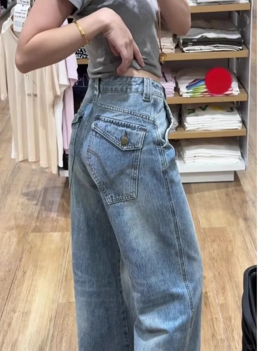 

American Retro Straight Leg Jeans Women's Spring New Large Size Fat MM Pear Shape Loose Slim Wide Leg Long Pants