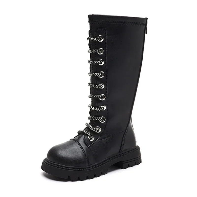 Girls Long Boots Black Knee-high Autumn Winter Children High Boots Zipper Fashion 2024 New Kids Motorcycle Boots