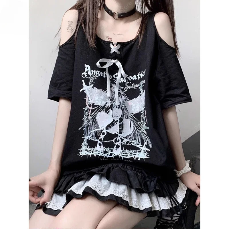 Kawaii Jirai Kei T Shirt Summer Japanese College Style Wear Womens Drawstring Off Shoulder Anime Cute Sweet Short Sleeve Y2k Top