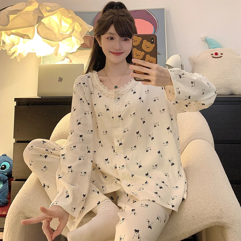 

M-5XL Plus Size Sweet Cartoon Pajamas for Women Spring 2 Piece Set Cute Sleepwear Long Sleeve Home Clothes Big Size Nightwear