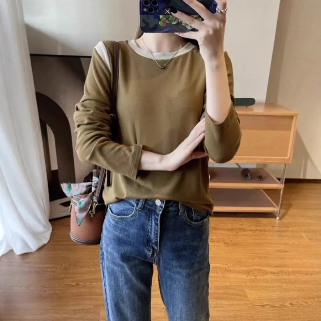 

Women's Slim Fit Long-Sleeve T-Shirt Contrast Color Crewneck All-Match Base Top Foreign-Style Inner Autumn F100827