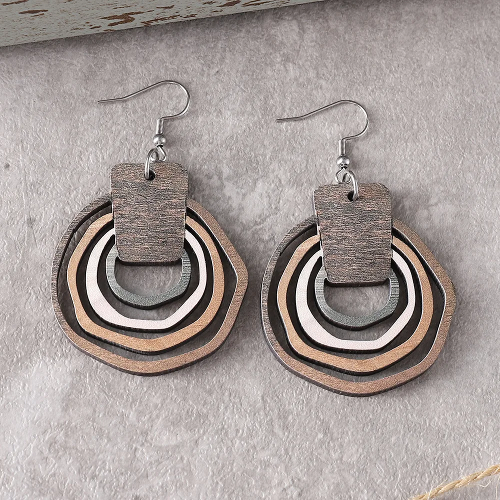 New Bohemian Ring Three Dimensional Leopard Pattern Gradient Hollow Pendant Earrings Wooden Double sided Earrings Gift