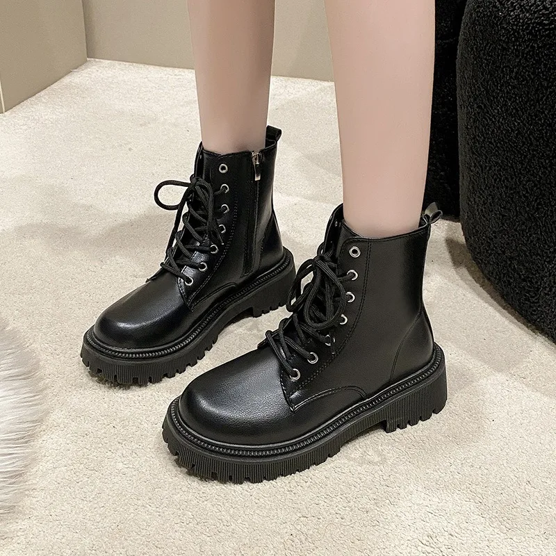 

Autumn Winter New British Style Plush Boots Women Fashion Thick Bottom Motorcycle Boots Boots Lace Comfort Zipper Snow Women