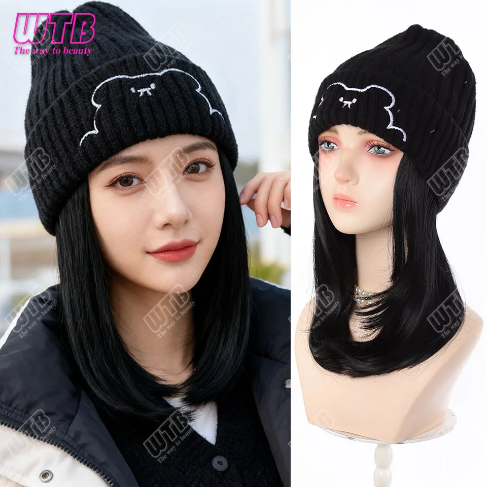 

Синтетическая шляпа, парики, шапка с волосами, парик, черный короткий прямой парик, синтетические волосы, женский повседневный парик для вечеринок, высокотемпературный парик