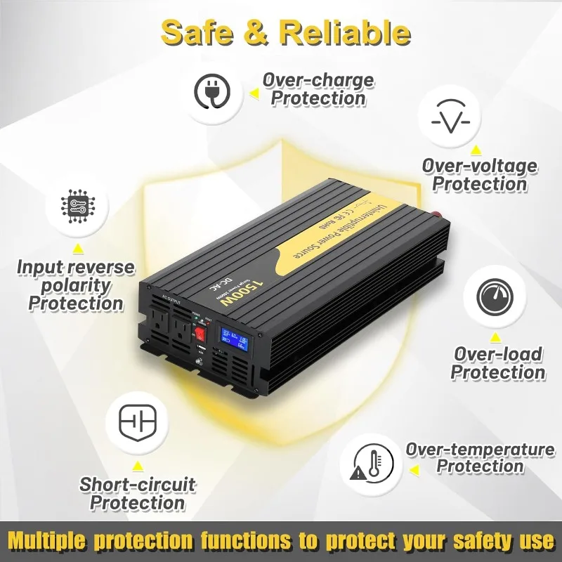 1500 W Primär-Sump-Pumpenbatterie-Backup, Basisschutz-Sump-Pumpen-Wechselrichter, Schwarz, LCD-Display, automatische Schalter