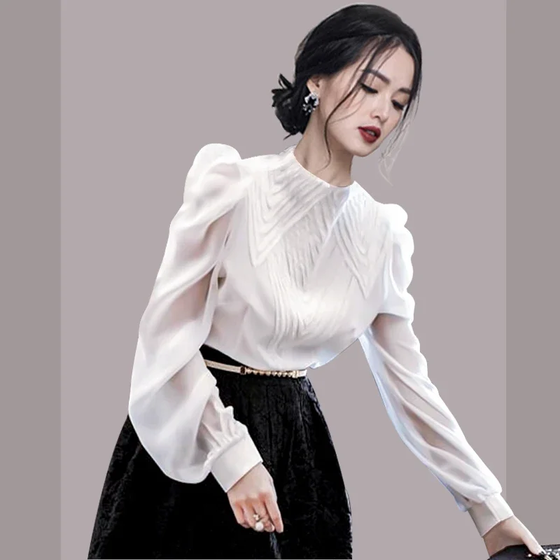 New Long Sleeve Stand Collar Women Blouse White Chiffon Blouse Shirt Women Tops Blouses Blusas Para Mujer Camisas De Mujer E183