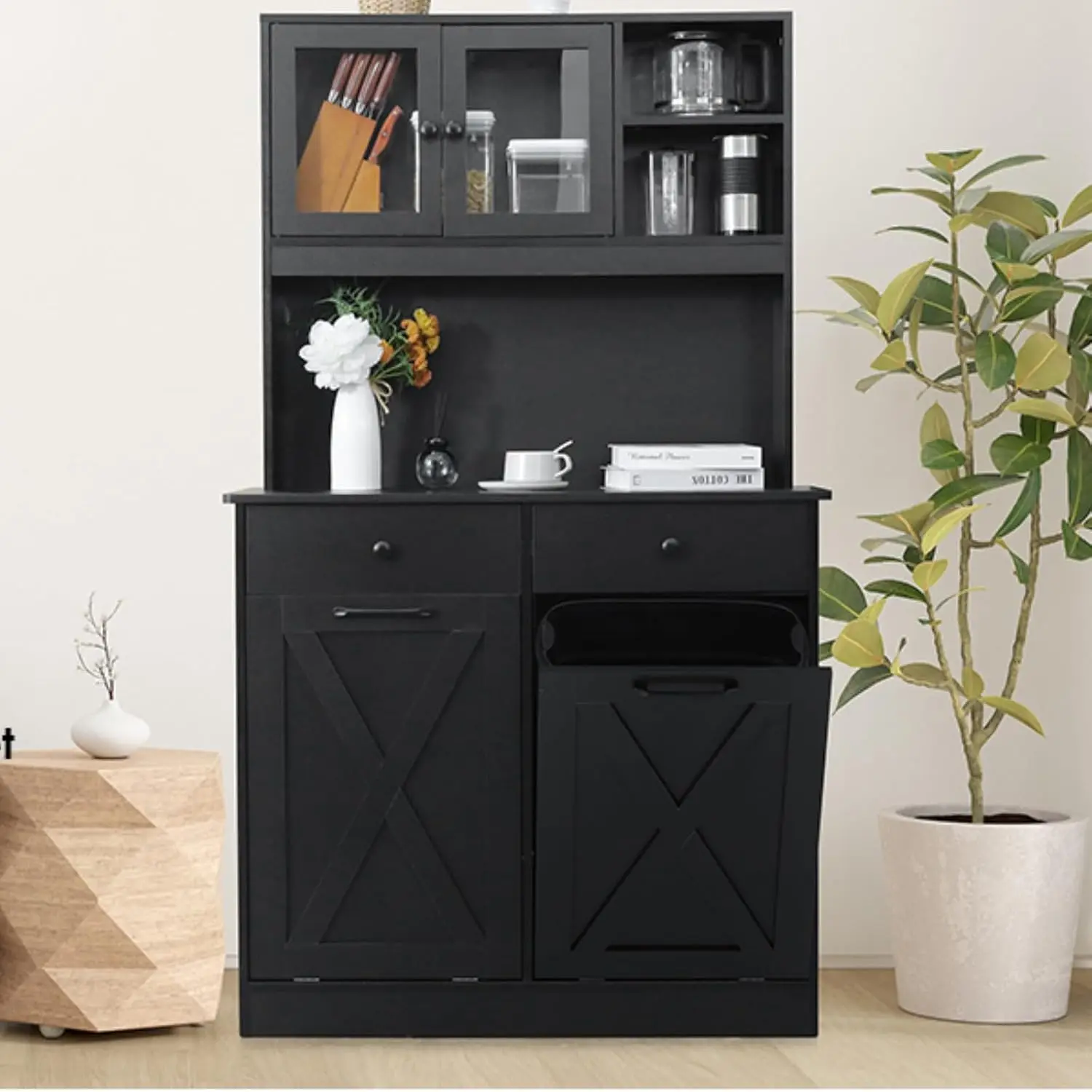 Double Tilt Out Trash Cabinet, 67.7in Storage Cupboard & Garbage Can Holder 2x10 Gallon, Pet Proof Recycling Cabinet, Customized