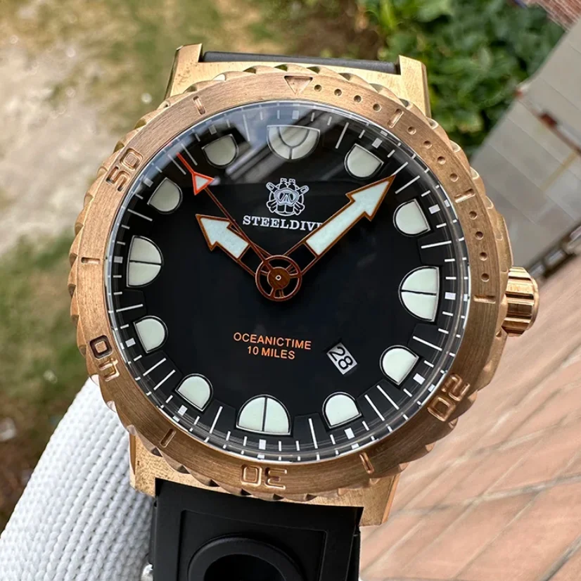 ساعة أوتوماتيكية للرجال من STEELDIVE 46.5 ملم CuSn8 ساعة يد ميكانيكية برونزية للغوص العميق 10000 متر مقاومة للماء BGW-9 ياقوت مضيء NH35
