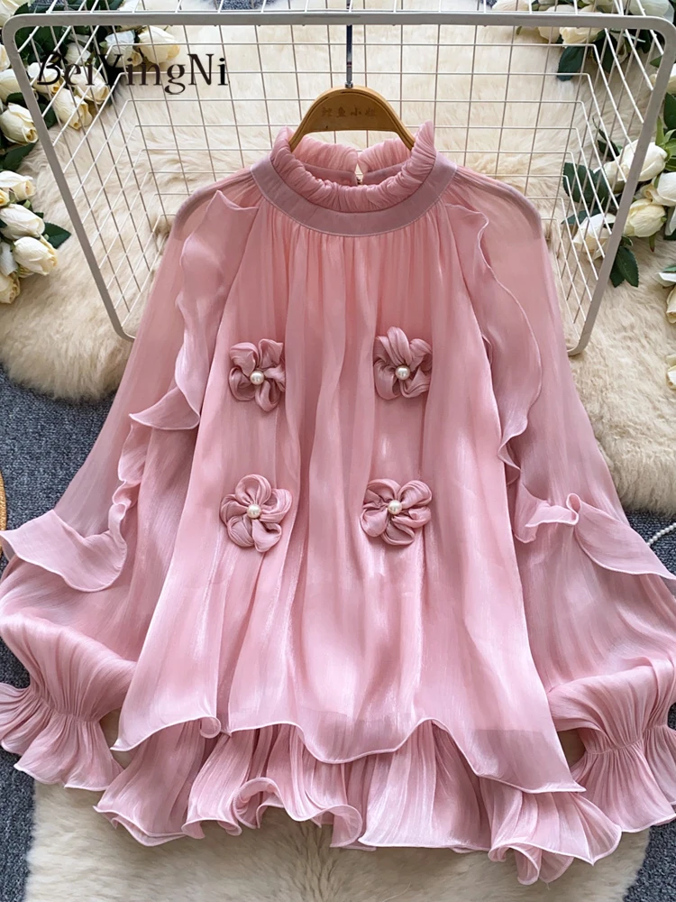 Beiyingni Autumn French Romance Tops Women Solid Color 3D Flowers Ruffles Woman's Blouses Versatile Loose Elegant Luxury Shirt
