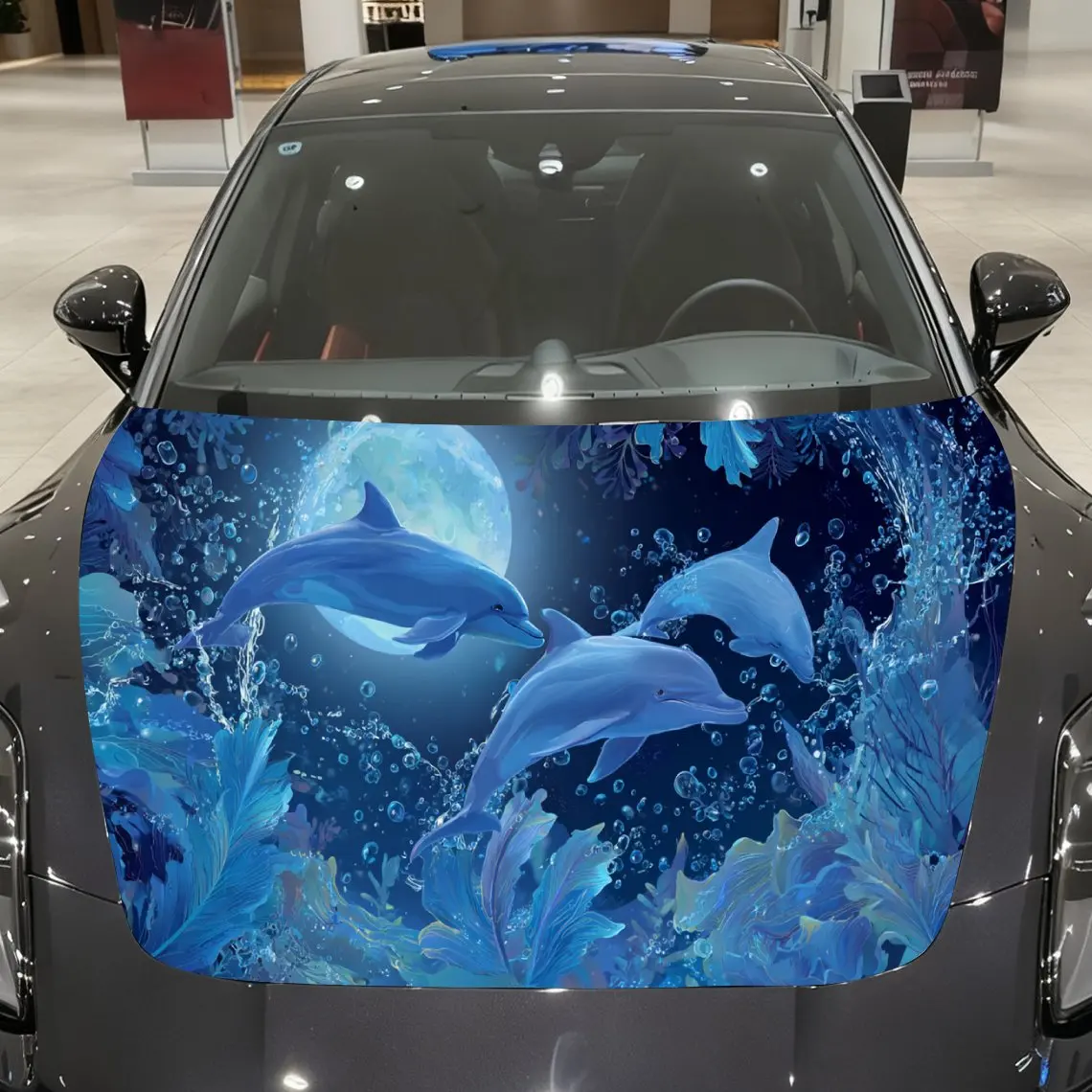 

Blue Dolphin Moonlit Sea Coral Car Vinyl Wrap, PVC Material Waterproof Car Hood Sticker, Self-Adhesive Scratch-Resistant Sticker