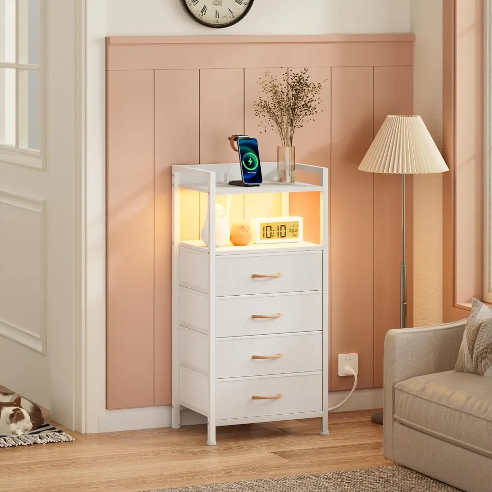 

Nightstand , Tall Dresser for Bedroom with Led Light and Charging Station, Side Table Nightstand for Closet, Fabric Bins