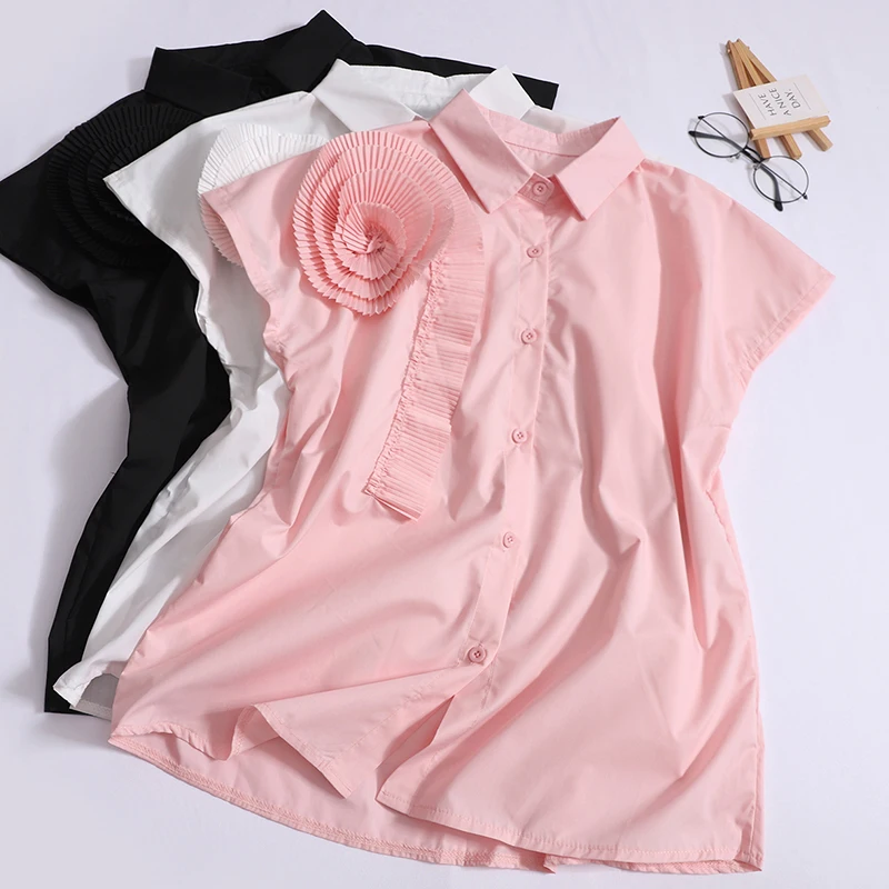 Flower sleeveless shirts Women's summer new tops korean fashion pleated three-dimensional decorative lapel shirt