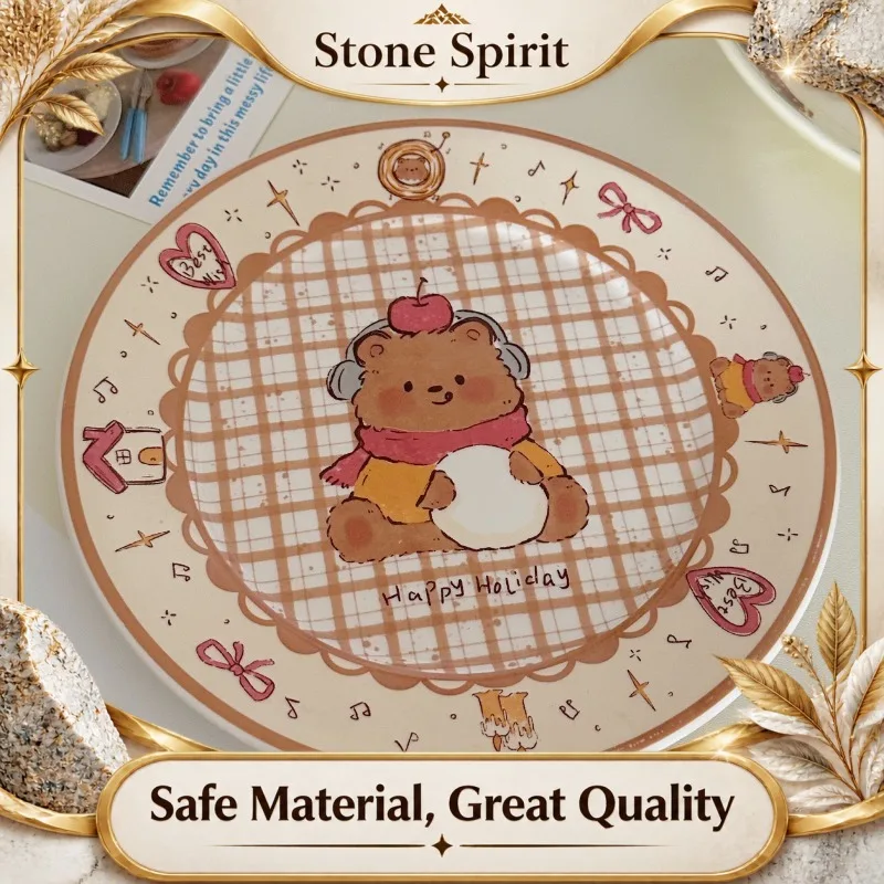 Pink Aesthetic Bear & Puppy Ceramic Plate Set, Cute Animal Design Dessert & Dinner Plates For Internet celebrity Tableware Gift