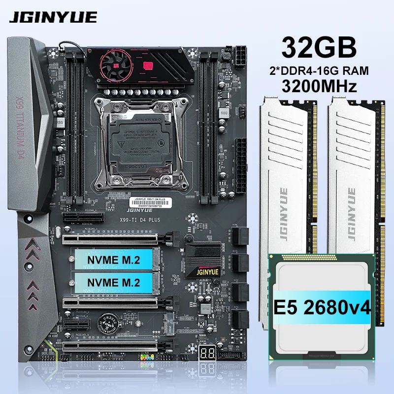 JGINYUE X99 Motherboard kit set with XEON E5 2680 v4 with 2*16GB DDR4 3200MHz with M.2 NVME SATA High-end X99-TI D4 PLUS