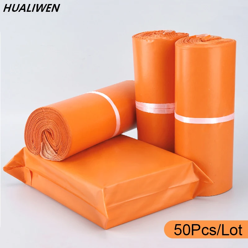 Bolsas de mensajería de plástico de color naranja, bolsa de almacenamiento de polietileno, con sello autoadhesivo, 50 unids/lote