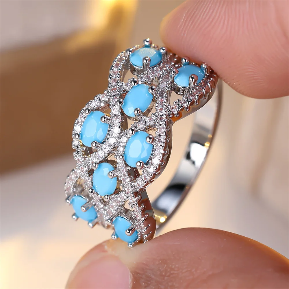 Anillos Infinitos de Plata con Turquesa Azul Ovalada y Circonita Blanca para Mujer, Anillo de Compromiso Moderno, Joyería de Boda, Regalos Versátiles