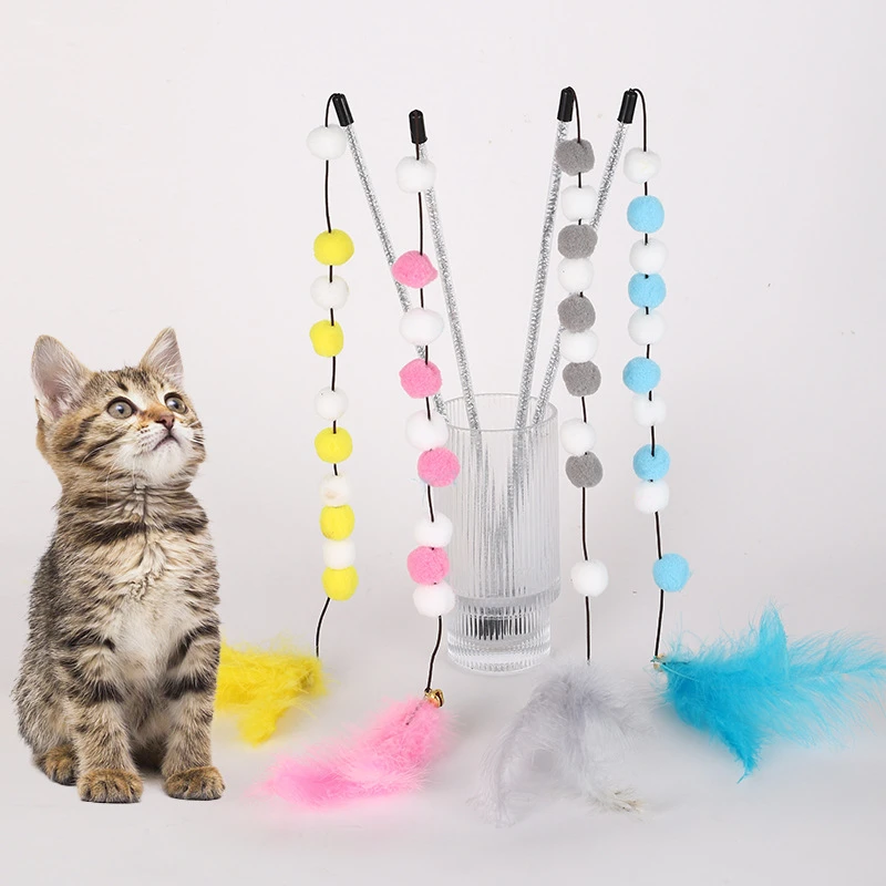 Funny Feather Kitten Cat Teasing Stick Cotton Interactive Toy Rod With Bell For Cats Teaser Interactive Toy Rod Pet Accessories