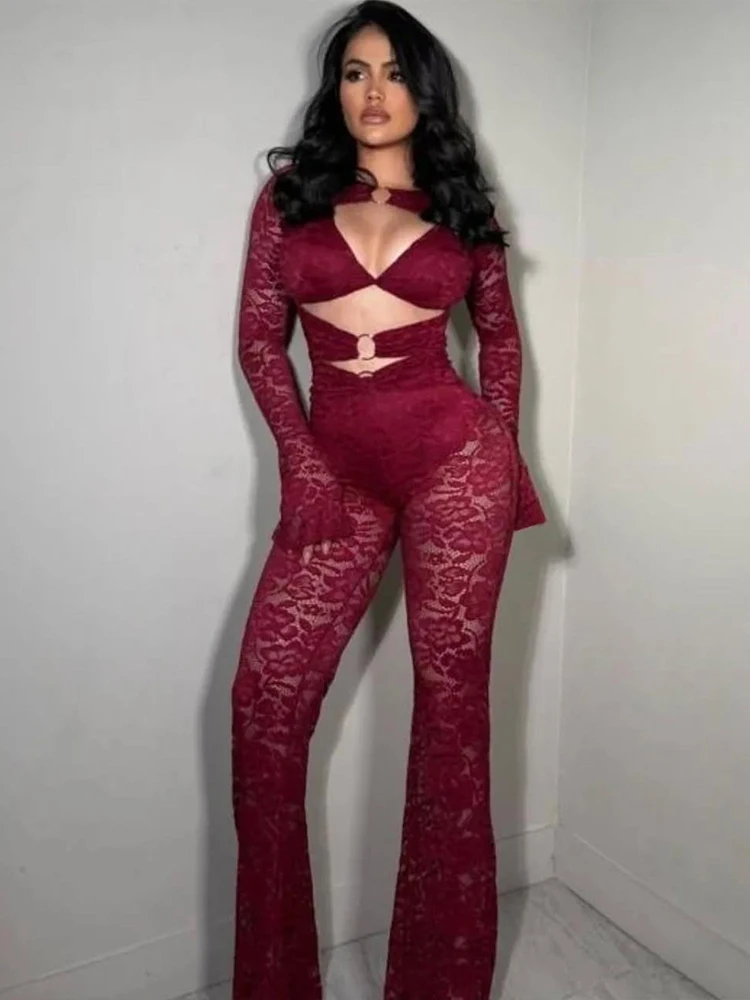 Cutenew Sexy Hollow Jacquard 2-Piece Set Women Elegant Ring Crop Tops+Flare Pants Matching Stretch Midnight Clubwear Outfits