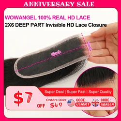 WOWANGEL 2x6 Deep Parting HD Lace Closure Frontal Only Melt Skin Straight Hair Kim K Closure Pre Plucked Virgin Hair For Woman