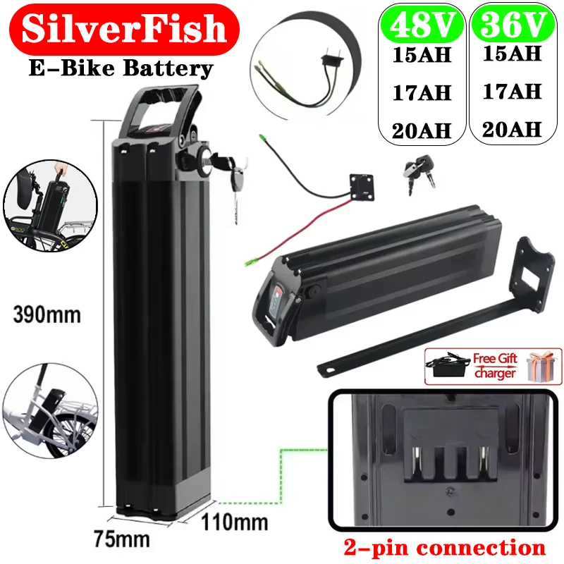 

Original 36V 48V High Quality 15/17/20Ah Silver Fish E-bike Battery 250W 500W 750W High-power 18650 Lithium Ion Battery Pack