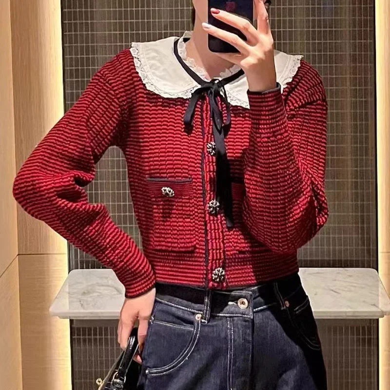 Elegant Lady Knit Long Sleeve Cardigan Sweater Vintage Peter Pan Collar Solid Sweaters Spring Casual Loose Cardigan for Women