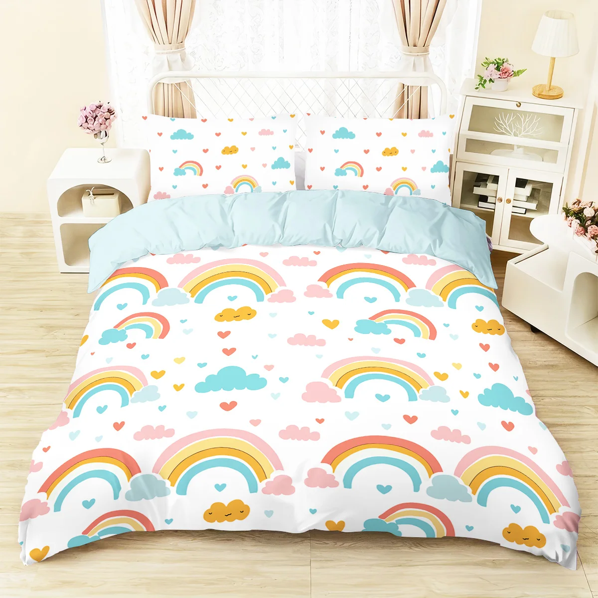 3pcs (1 quilt cover, 2 pillowcases, no core), colorful and cute rainbow element printed bedding set, soft and comfortable