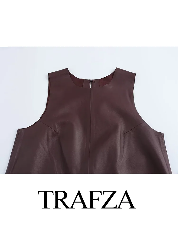 TRAFZA Woman Summer Fashion Suits Solid O-Neck Sleeveless Leather Simple Top+High Waist Elastic Side Zipper Shorts Female Sets