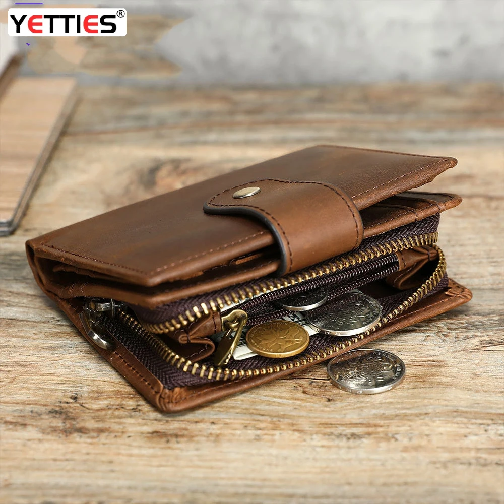 Men's RFID Blocking Crazy Horse Leather Short Wallet | Multi-Function Genuine Cowhide Billfold | Trendy Card Holder with Coin Po