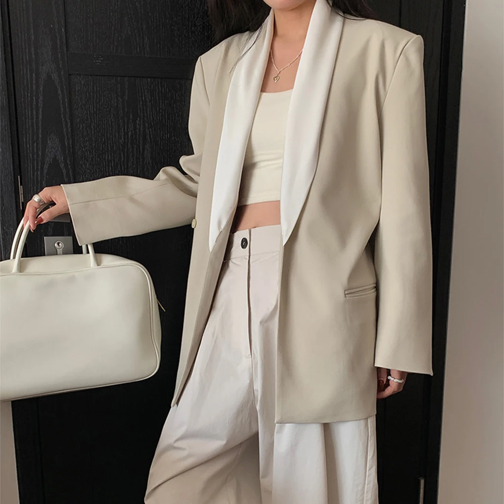 Elegant Notch Lapel Women's Blazer Loose Fit Single Button Workwear Jacket for Daily Business Casual