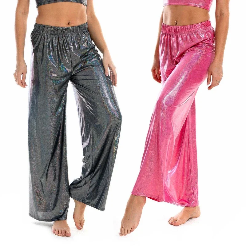 

Женские модные блестящие широкие брюки из спандекса с металлическим блеском для танцев на дискотеке, брюки с эластичным поясом в стиле хип-хоп, свободная уличная одежда, брюки для джаза