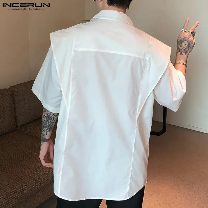 INCERUN Men Shirt Lapel Short Sleeve Solid Color Zipper Loose Casual Men Clothing Streetwear Summer 2024 Fashion Male Shirts