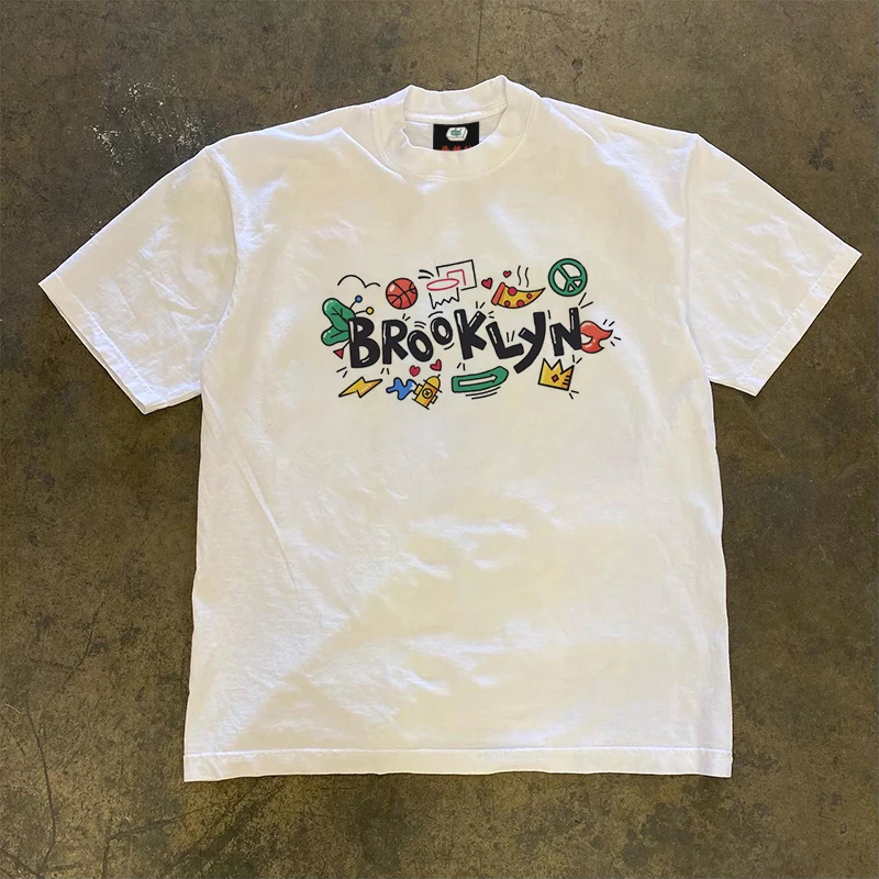Lightweight High-Woven Non-Light Brooklyn Graffiti Art Short-Sleeve T-Shirt for Men Breathable Comfortable round Neck T-Shirt