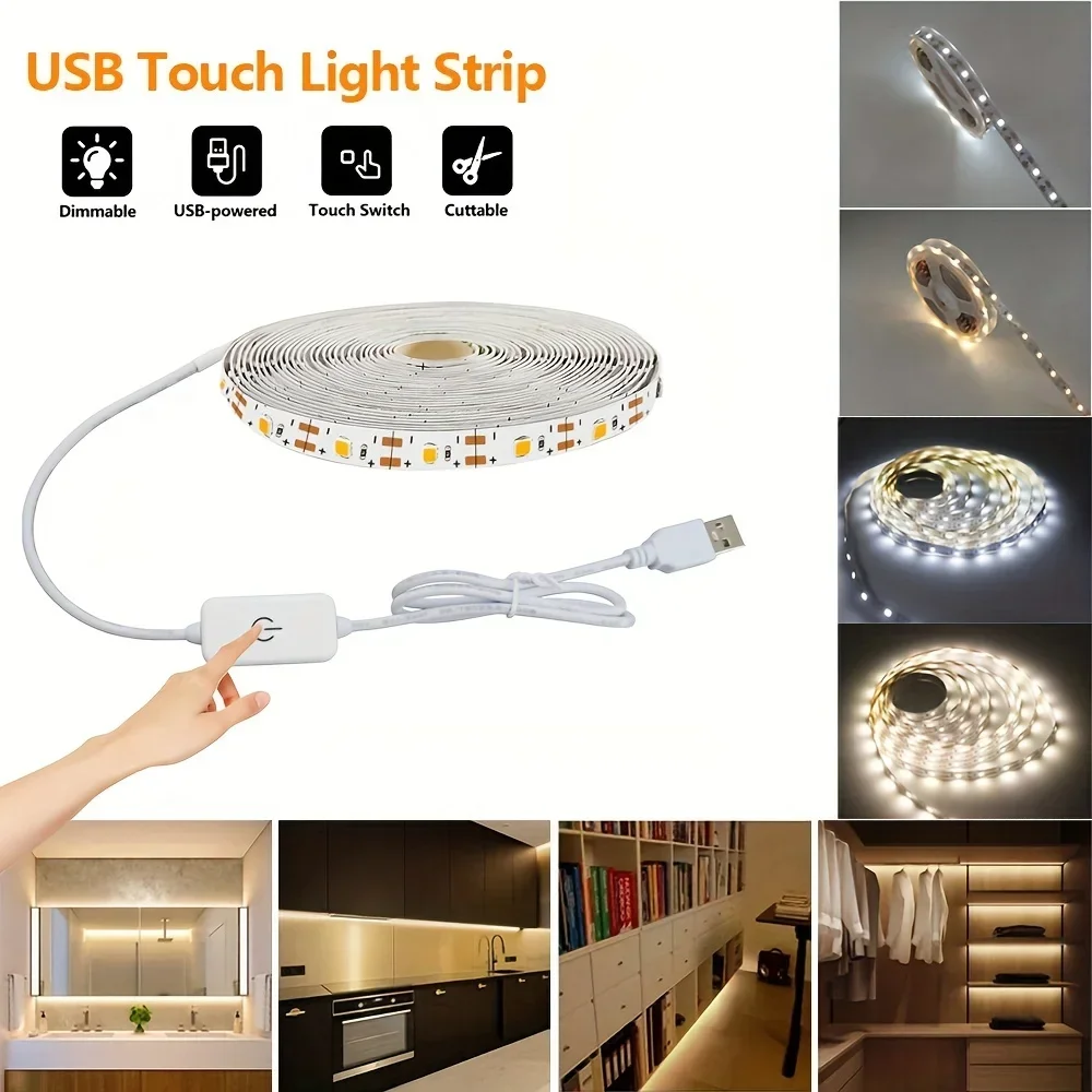 USB LED Strip Lights 5V 2835 SMD Touch Control Switch Tape Light TV Backlights for Gaming Room Party Decoration Camping Lighting