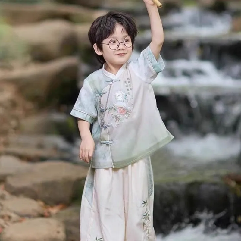 2026 Hanfu Boys' Summer Clothing Set Children's Chinese Ancient Top Pants 2-piece Set Kids' Chinese Tang Clothing Hanfu SetLJ688
