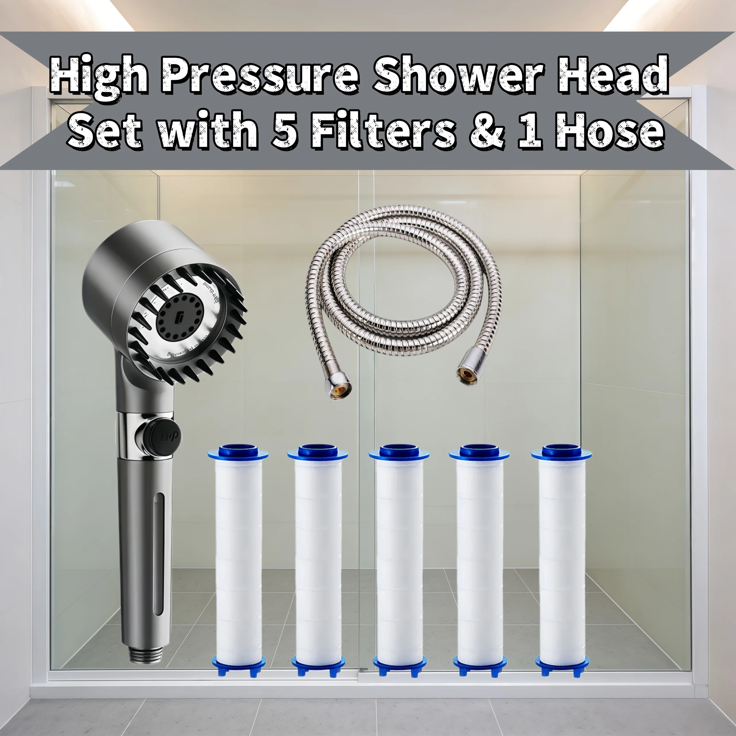 

7PCS Gray High Pressure Water Saving Shower Head Set 3 Modes Adjustable One Key Water Stop Hard Water Filter with 5 Filter 59in