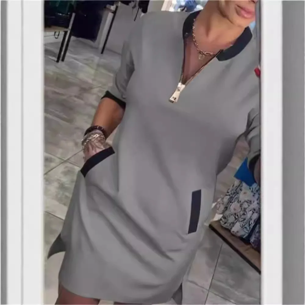 Dress V-neck Zipper Seven Quarter Sleeve Casual Dress with Temperament
