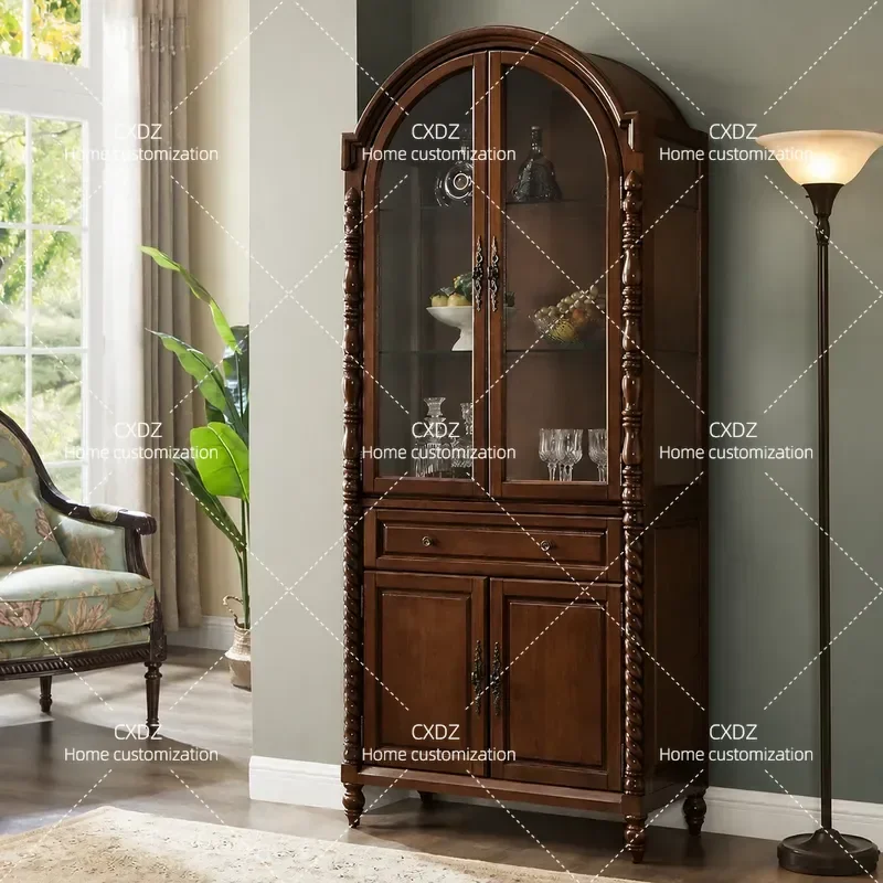 All Solid Wood Wine Cabinet Bookcase Floor Standing Display Storage Unit Retro Style Double Door with Glass Front for Home