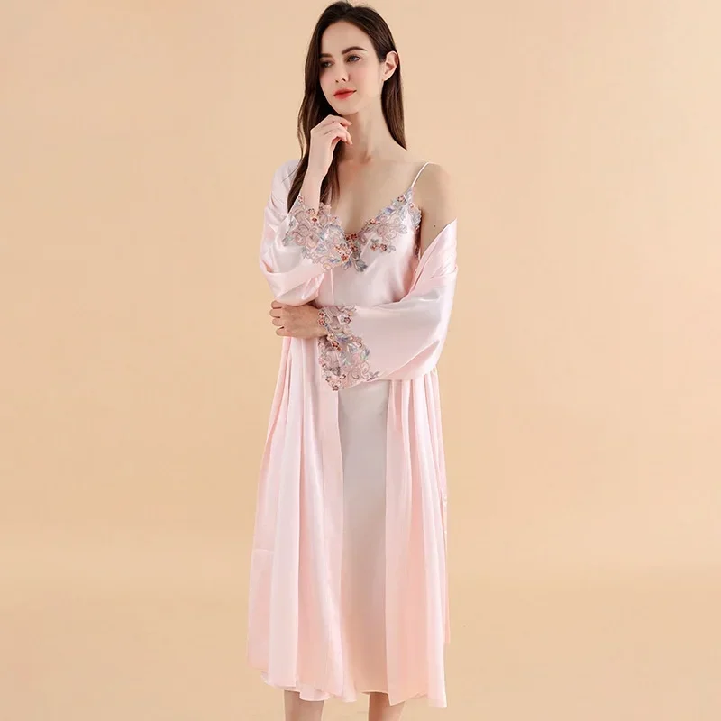 Women's 19mm 100% Silk Bespoke Pajama Set with Luxury Lace Trim Solid Color Night Robe & Slip Dress Breathable Kimono Homewear