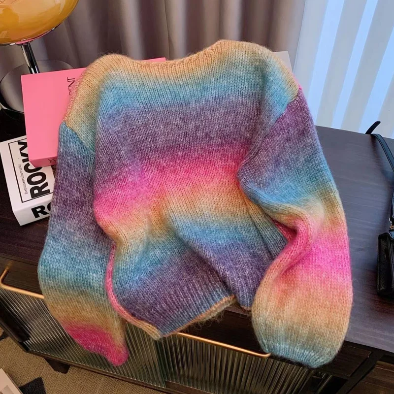 Women Pink Clothing Vintage Knitting Sweater Tie-dyed Chic Long Sleeve Casual Fashion Stripe 2023 NEW Baggy Female Winter Tops