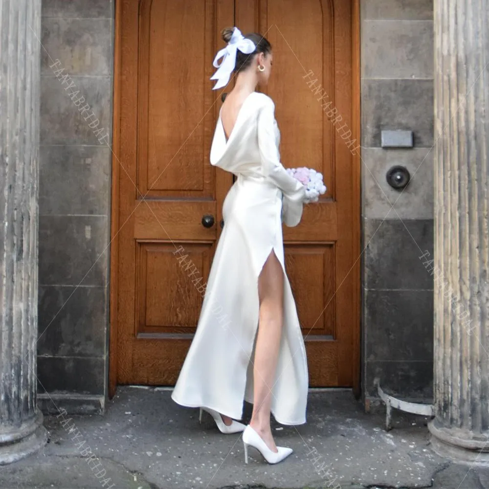Customized Soft Satin Backless Wedding Dress High Side Split Ankle Length Bridal Party Dress Long Sleeve Chic Bridal Gown