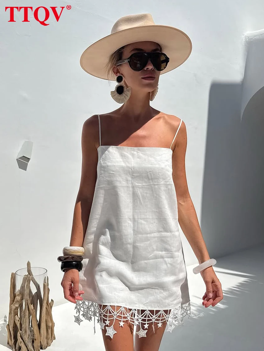 

TTQV Fashion Loose White Cotton Women's Dress Summer Strap Sleeveless Mini Dresses Sexy Classic Solid Female Dress Streetwear