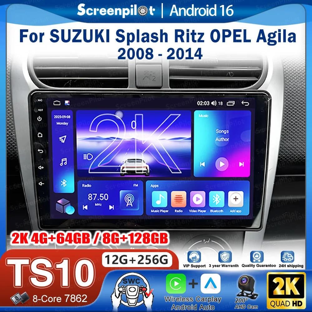 Android 16 Car Radio Stereo Head Unit For SUZUKI Splash Ritz OPEL Agila 2008 - 2014 Multimedia Video Player GPS Navigation