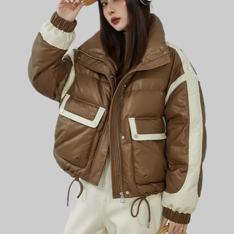 Stand collar Cotton padded Women's Winter New Parka Fashionable Loose Jacket Splicing Contrasting Thick Warm Coat