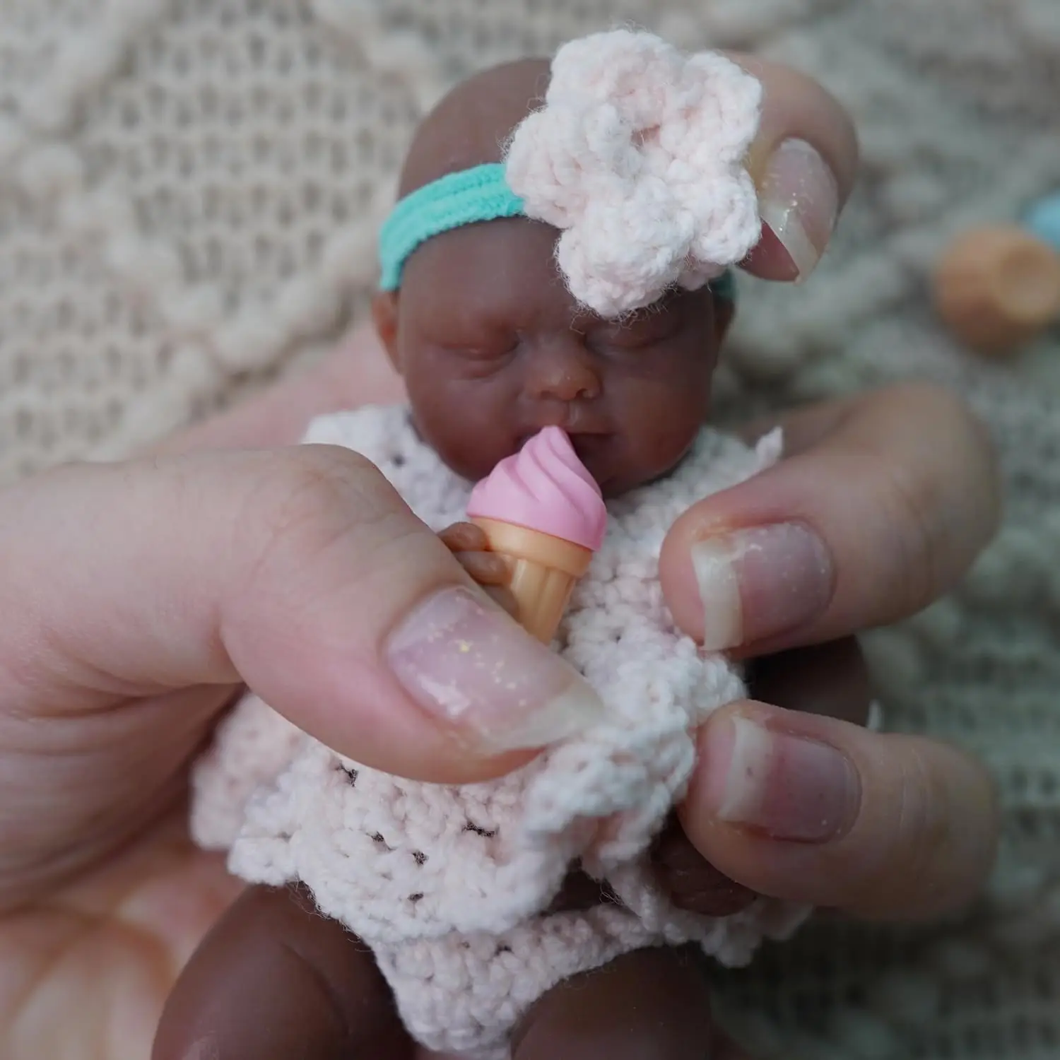 Mini Silicone Reborn Baby Doll 4.5 Inch Full Body Black Girl Emma with Feeding Accessories Collectible Infant Simulation Toy